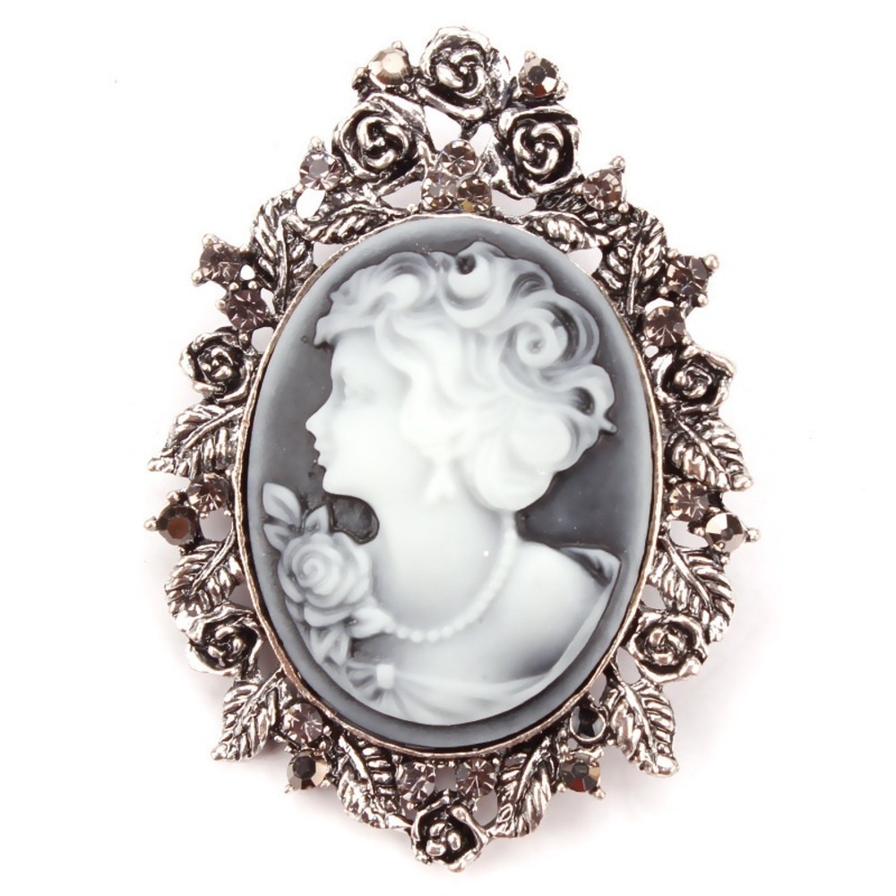 Vintage Style Victorian Lady Cameo Brooch Silver Tone Floral Rose Border Gray